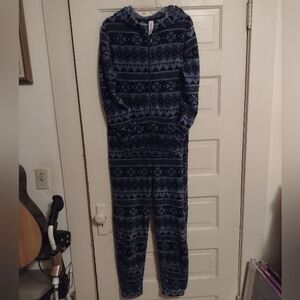 Forever 21 Fleece Snowflakes & Hearts Pajama One-Piece Jumpsuit Hood Blue Size S